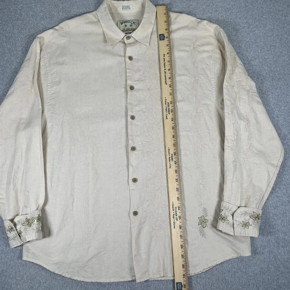 Bamboo Cay Button Down Shirt Mens XL Cream Linen Cotton Floral Embroidered